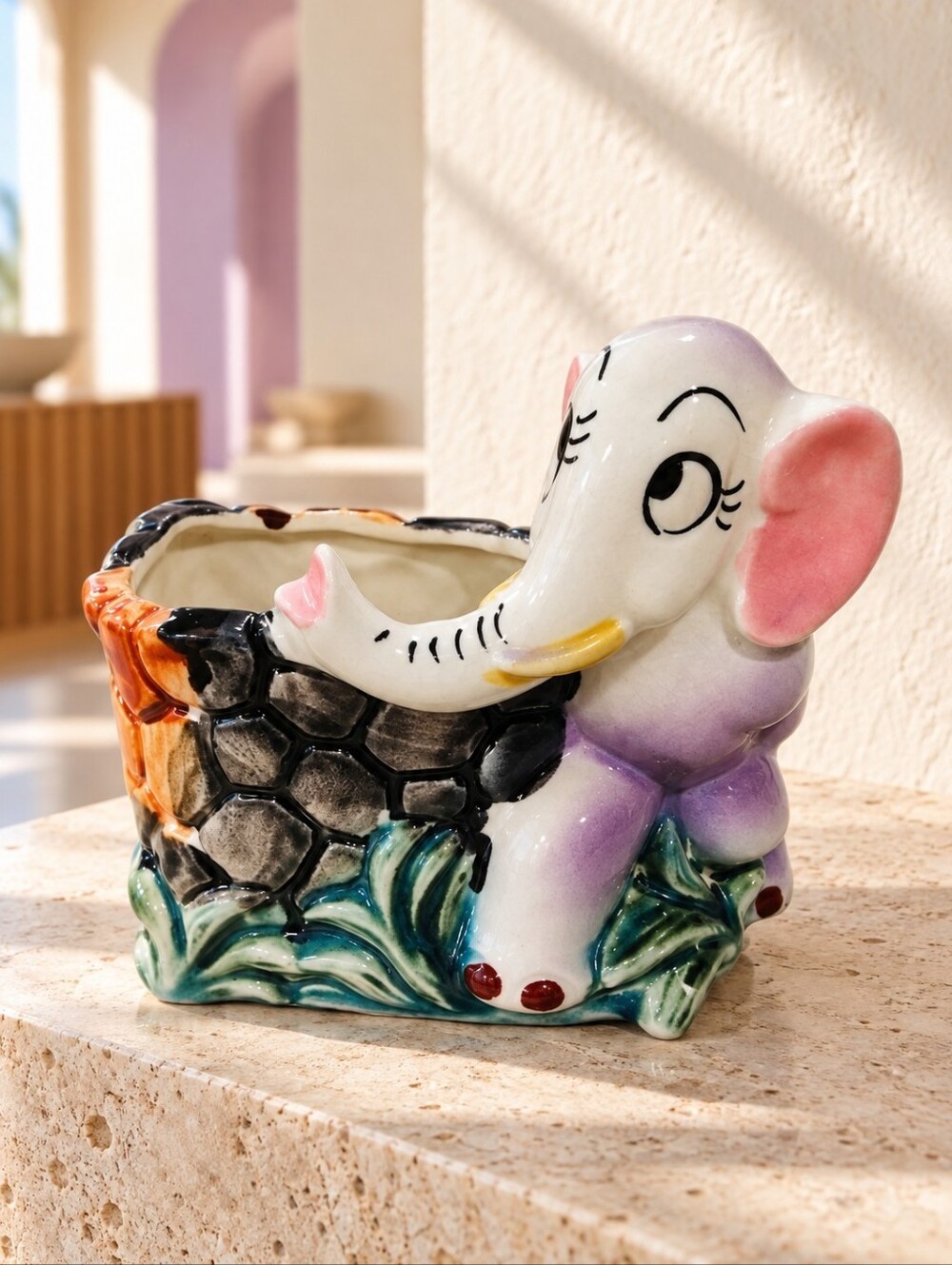 Vintage Japan Anthropomorphic Elephant Ceramic Planter Kitsch MCM 1950s